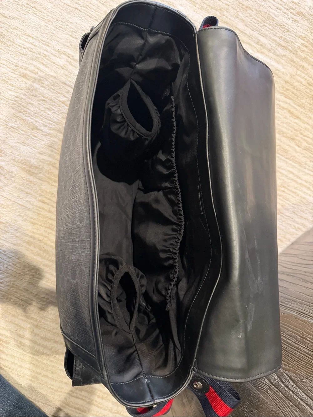 Authentic Gucci Black/Gray Messenger/ Diaper Bag with Red and Blue Web Strap
